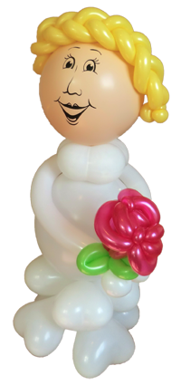 hier ist eine Ballonfigur in Form einer Braut zu sehen. Sie hat blonde Haare, weißes Kleid und in der Hand eine Blume mit roter Blüte