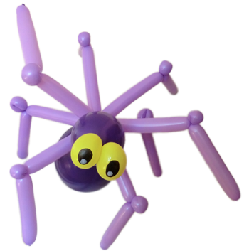 Hier ist eine Ballonfigur in Form einer Spinne abgebildet. Große gelbe Augen und lange violette Beine sind zu sehen.