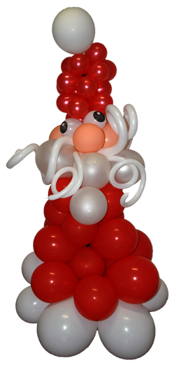 Hier ist eine Ballonfigur in Form eines Weihnachtsmannes zu sehen. Er hat einen roten Mantel und eine rote Mütze. Die Bommel, sein Bart und die Stiefel sind weiß.